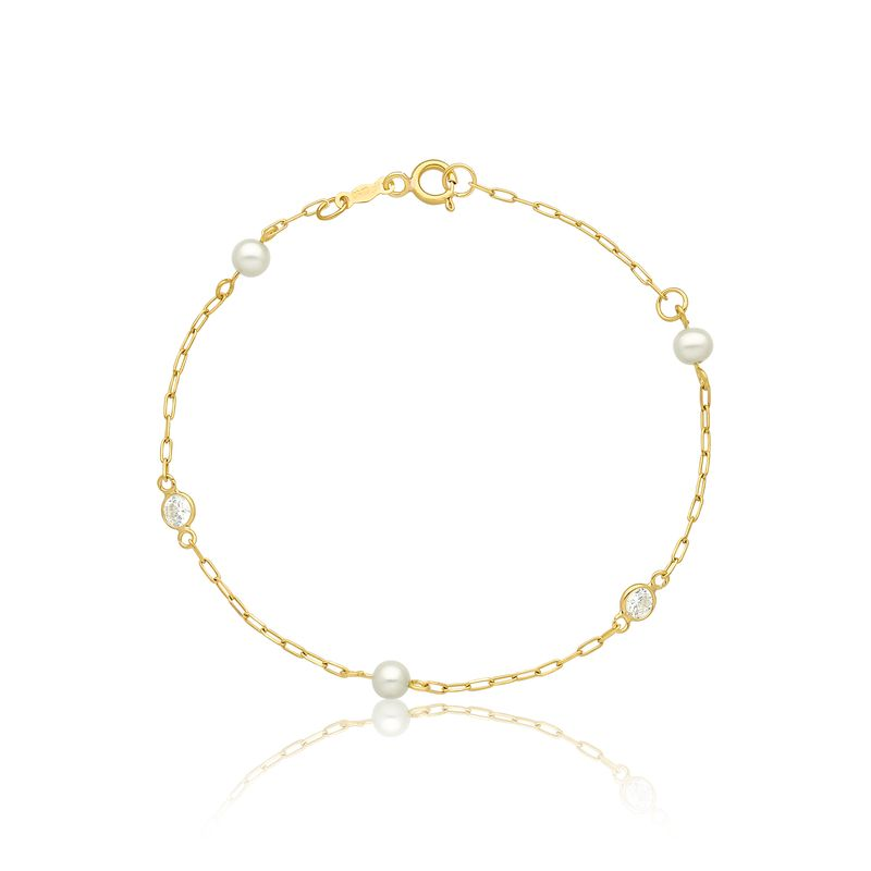 Pulseira Infantil com Pérolas e Zircônia em Ouro Amarelo 18k - 15 cm