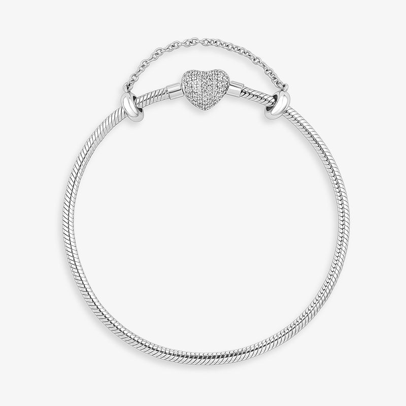 Pulseira Maleável em Prata 925 com Fecho Coração Cravejada - 19,5 cm Pulseira Maleável em Prata 925 com Fecho Coração Cravejada - 19,5 cm