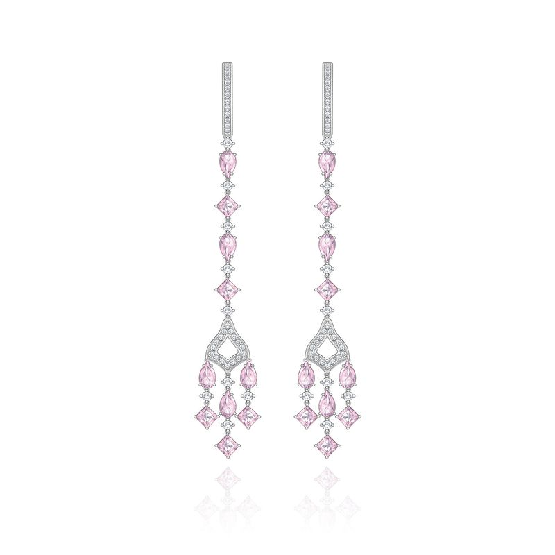 Brinco Chandellier com Quartzo Rosa e Safira em Prata 925 Brinco Chandellier com Quartzo Rosa e Safira em Prata 925