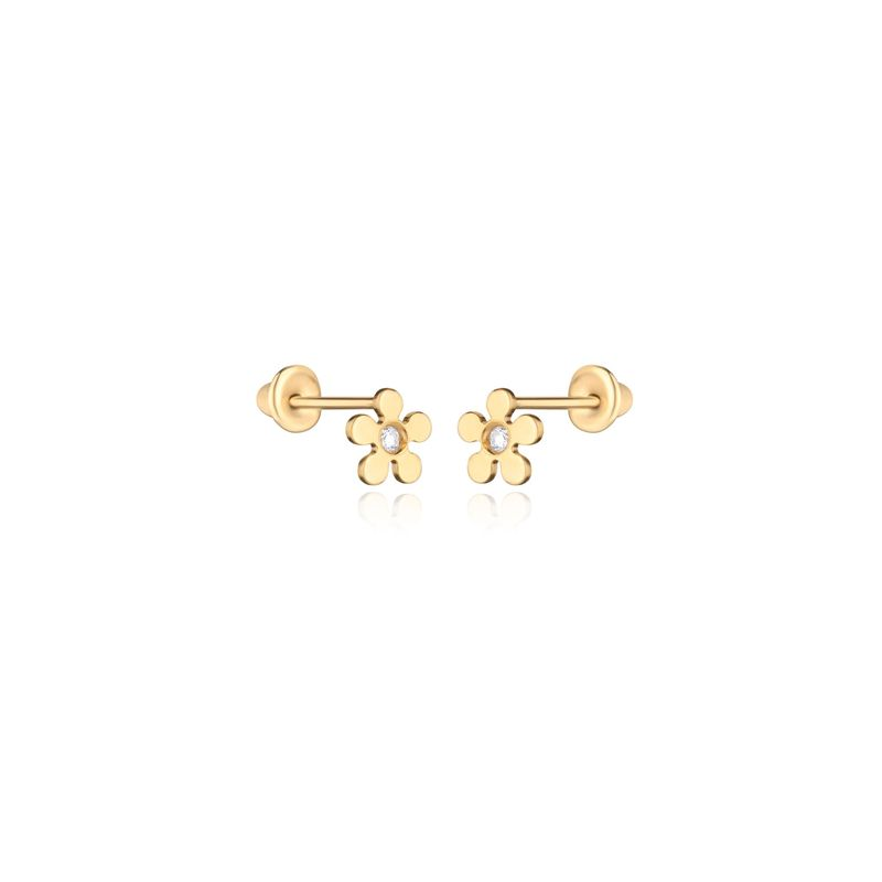 Brinco Infantil Flor com 2 pontos de Diamantes em Ouro Amarelo 18k Brinco Infantil Flor com 2 pontos de Diamantes em Ouro Amarelo 18k