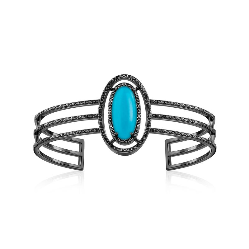 Pulseira Rígida com Turquesa e Espinélio em Prata 925 com Banho de Ródio Negro - 17 cm Pulseira Rígida com Turquesa e Espinélio em Prata 925 com Banho de Ródio Negro - 17 cm