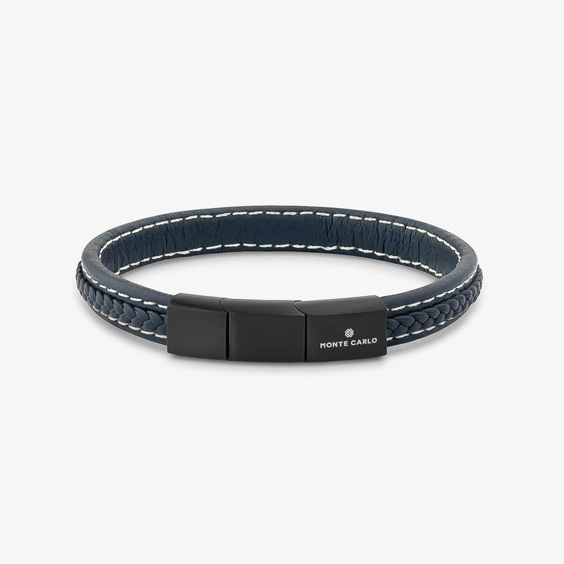 Pulseira Masculina de Couro Azul em Aço Preto - 21 cm Pulseira Masculina de Couro Azul em Aço Preto - 21 cm