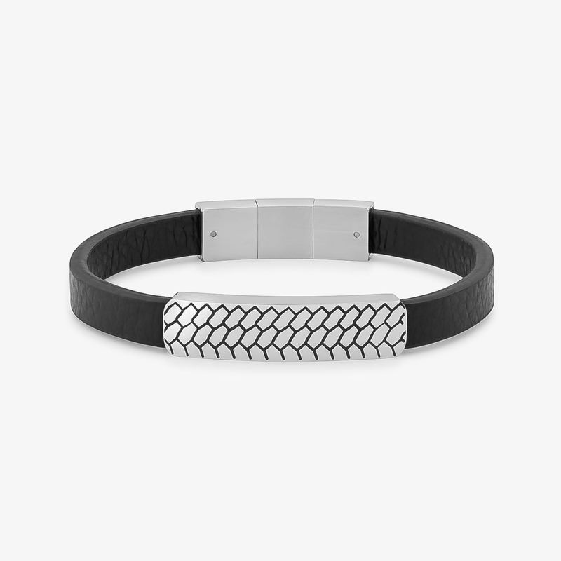 Pulseira Masculina de Couro Placa Textura em Aço - 21 cm Pulseira Masculina de Couro Placa Textura em Aço - 21 cm
