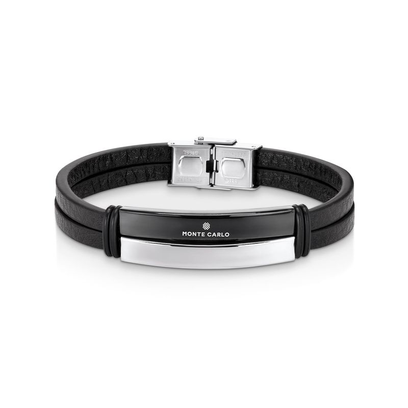 Pulseira Masculina de Couro Preto com Placa em Aço Preto - 21 cm Pulseira Masculina de Couro Preto com Placa em Aço Preto - 21 cm