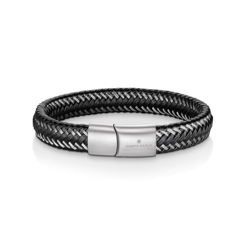 Pulseira Masculina Couro Trançado Preto em Aço - 22 cm Pulseira Masculina Couro Trançado Preto em Aço - 22 cm