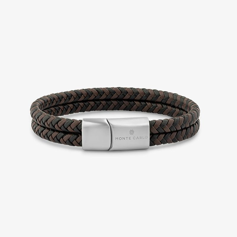 Pulseira Masculina Dupla de Couro Trançado Preto e Marrom em Aço - 21 cm Pulseira Masculina Dupla de Couro Trançado Preto e Marrom em Aço - 21 cm
