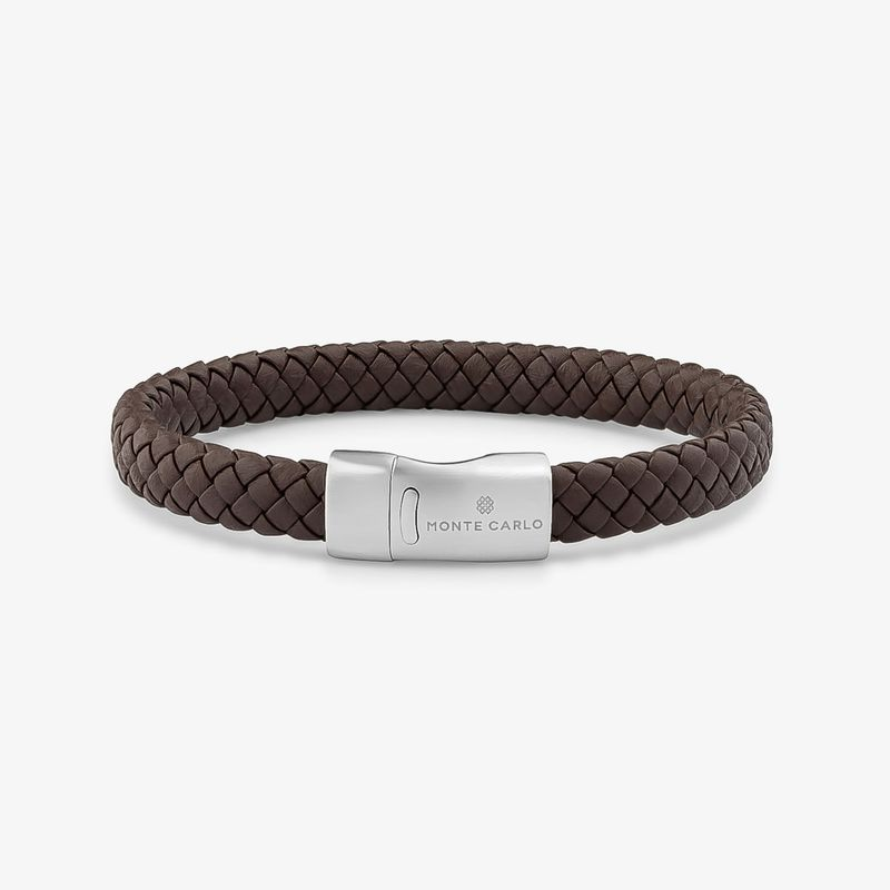 Pulseira Masculina de Couro Marrom Trançado em Aço - 21 cm Pulseira Masculina de Couro Marrom Trançado em Aço - 21 cm