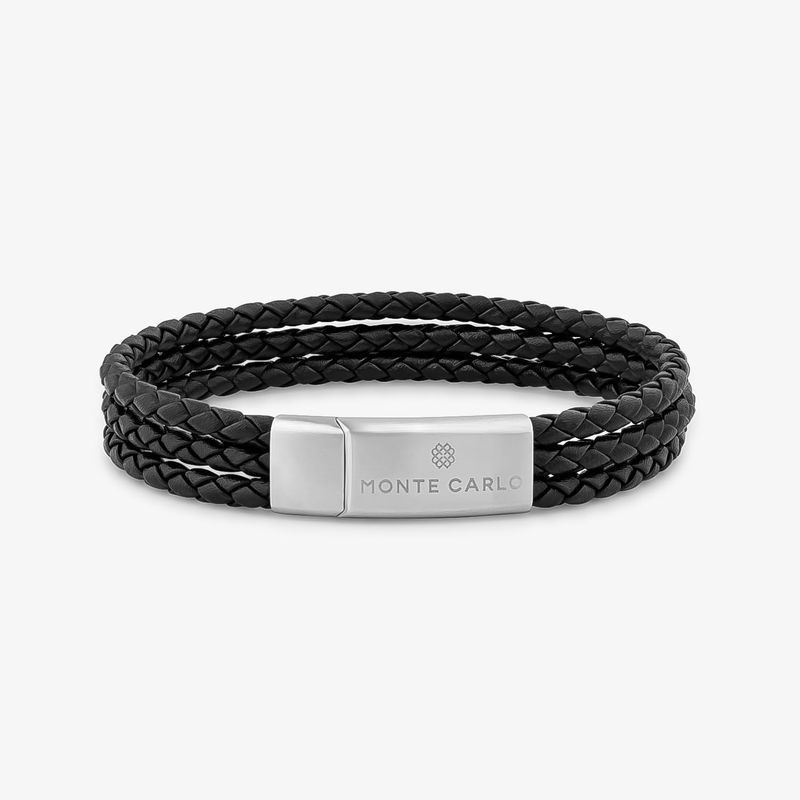 Pulseira Masculina Tripla de Couro Preto Trançado em Aço - 21 cm Pulseira Masculina Tripla de Couro Preto Trançado em Aço - 21 cm