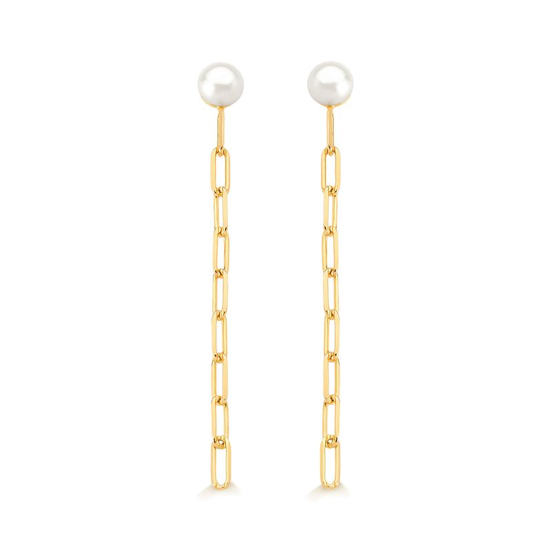Brinco com Pérola e Corrente em Prata 925 com Banho de Ouro Amarelo 18k Brinco com Pérola e Corrente em Prata 925 com Banho de Ouro Amarelo 18k