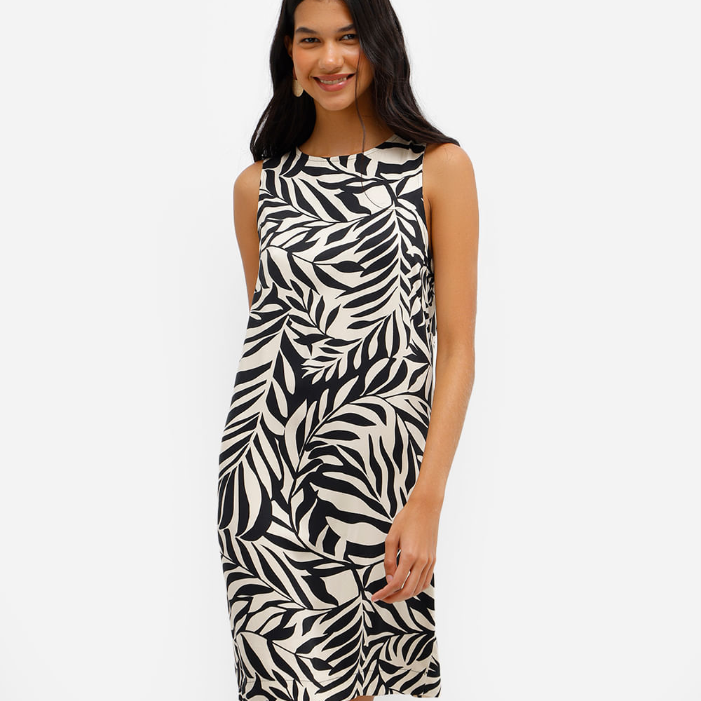 Vestido curto feminino de viscose folhagens preto Vestido curto feminino de viscose folhagens preto