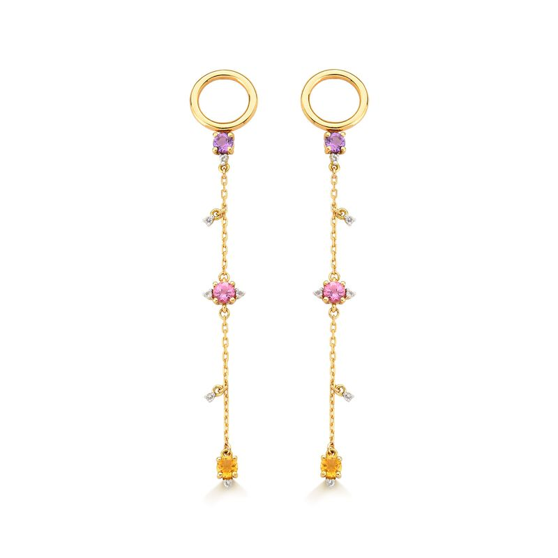 Brinco em Ouro Amarelo com Ametista, Citrino, Topázio Incolor, Turmalina Rosa