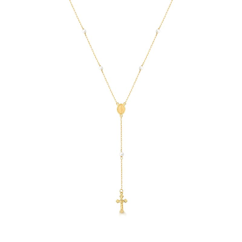 Colar Terço Medalha Milagrosa com Pérolas em Ouro Amarelo 18k Colar Terço Medalha Milagrosa com Pérolas em Ouro Amarelo 18k