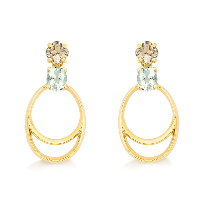 Brinco Oval com Prasiolita e quartzo murion, em Ouro Amarelo 18k