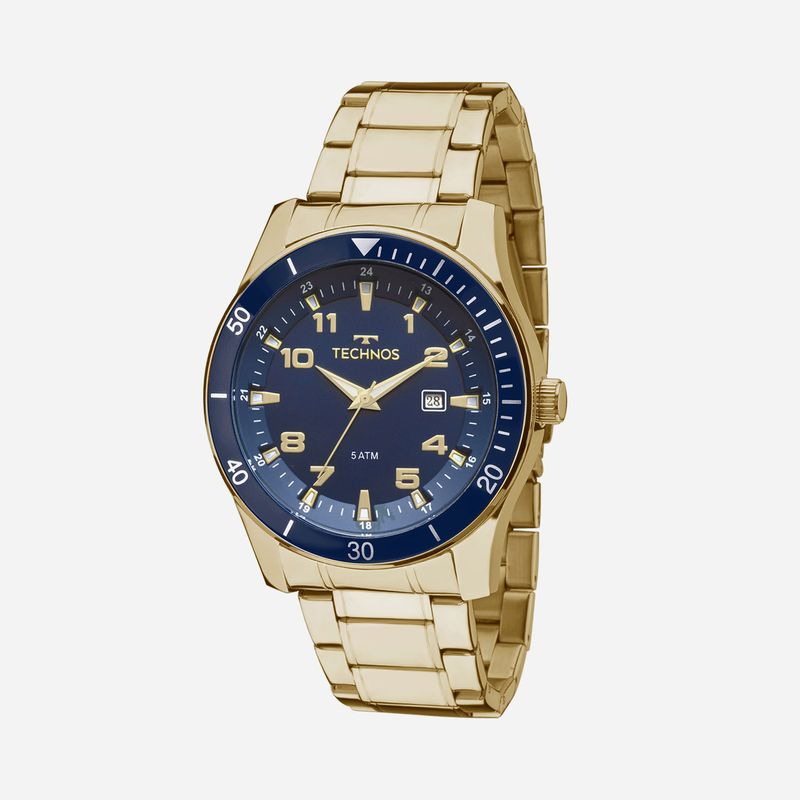 Relógio Technos Masculino em Aço Dourado e Aro Azul Relógio Technos Masculino em Aço Dourado e Aro Azul