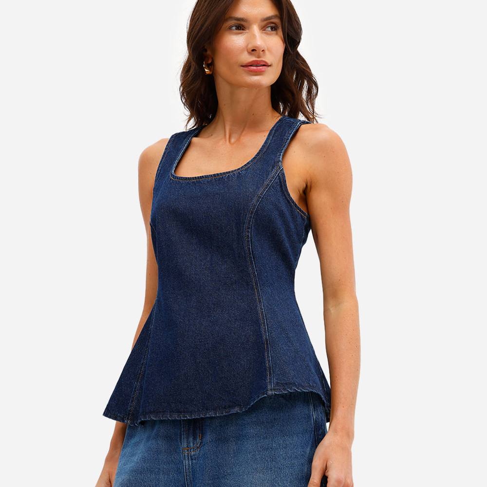 Blusa feminina jeans com peplum azul Blusa feminina jeans com peplum azul