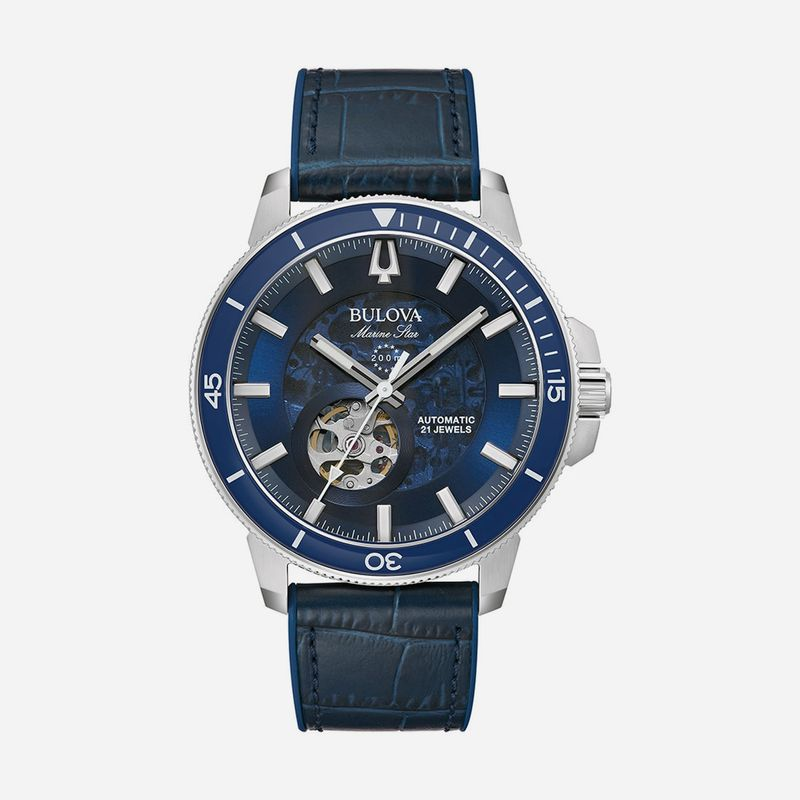 Relógio Bulova Marine Star Automático Skelethon 96A291 em Silicone Azul Relógio Bulova Marine Star Automático Skelethon 96A291 em Silicone Azul