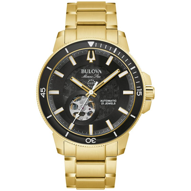 Relógio Bulova Marine Star Automático Skelethon 97A174N em Aço Dourado Relógio Bulova Marine Star Automático Skelethon 97A174N em Aço Dourado