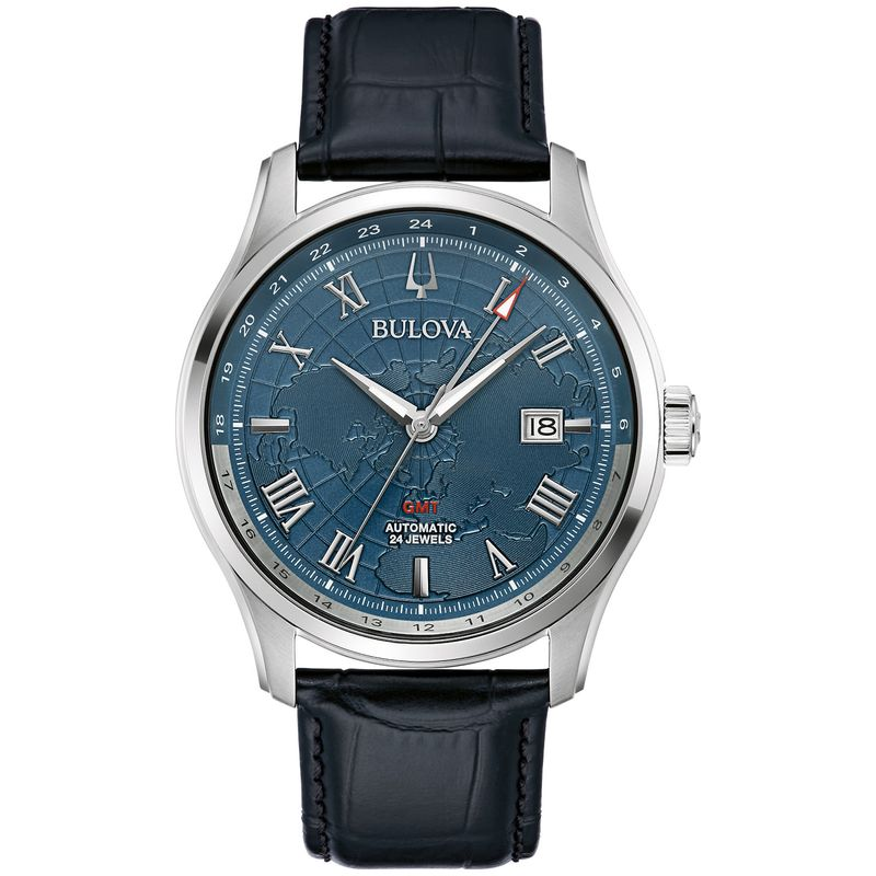 Relógio Bulova Classic Wilton Automático GMT 96B385N em Couro Legítimo Azul Relógio Bulova Classic Wilton Automático GMT 96B385N em Couro Legítimo Azul