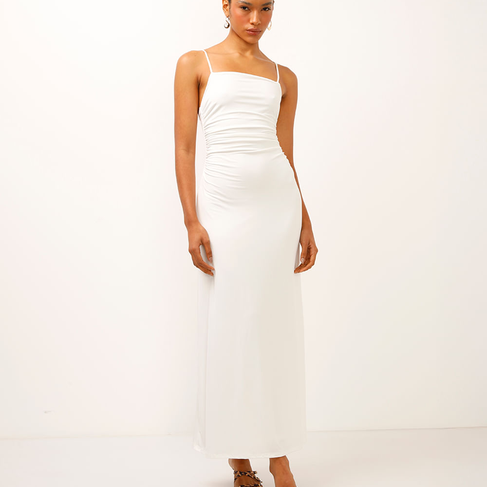 Vestido longo franzido alça fina off white Vestido longo franzido alça fina off white