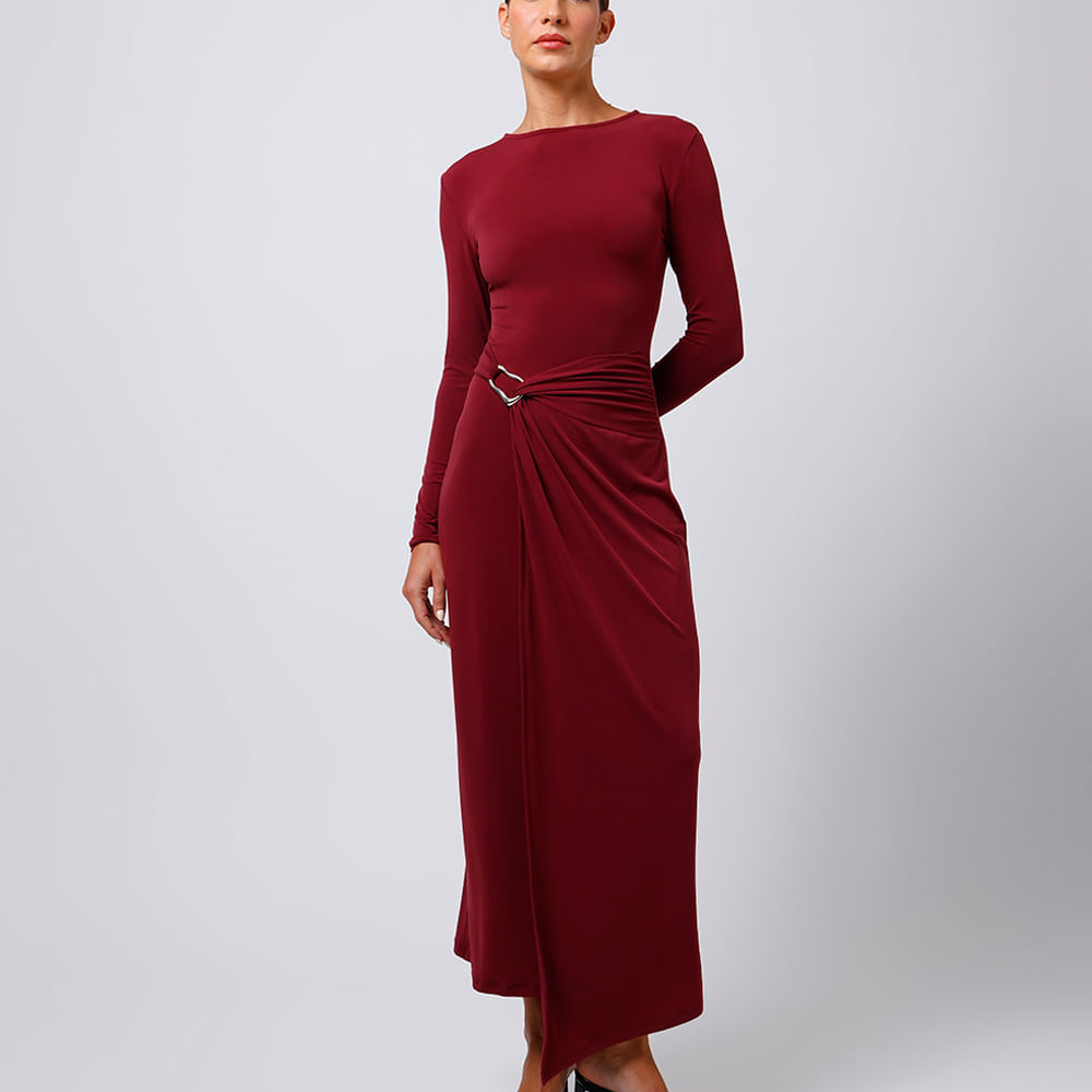 Vestido midi feminino manga longa com fenda vinho