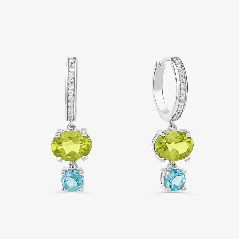 Brinco Argola com Peridoto, Topázio Azul e Safira em Prata 925 Brinco Argola com Peridoto, Topázio Azul e Safira em Prata 925