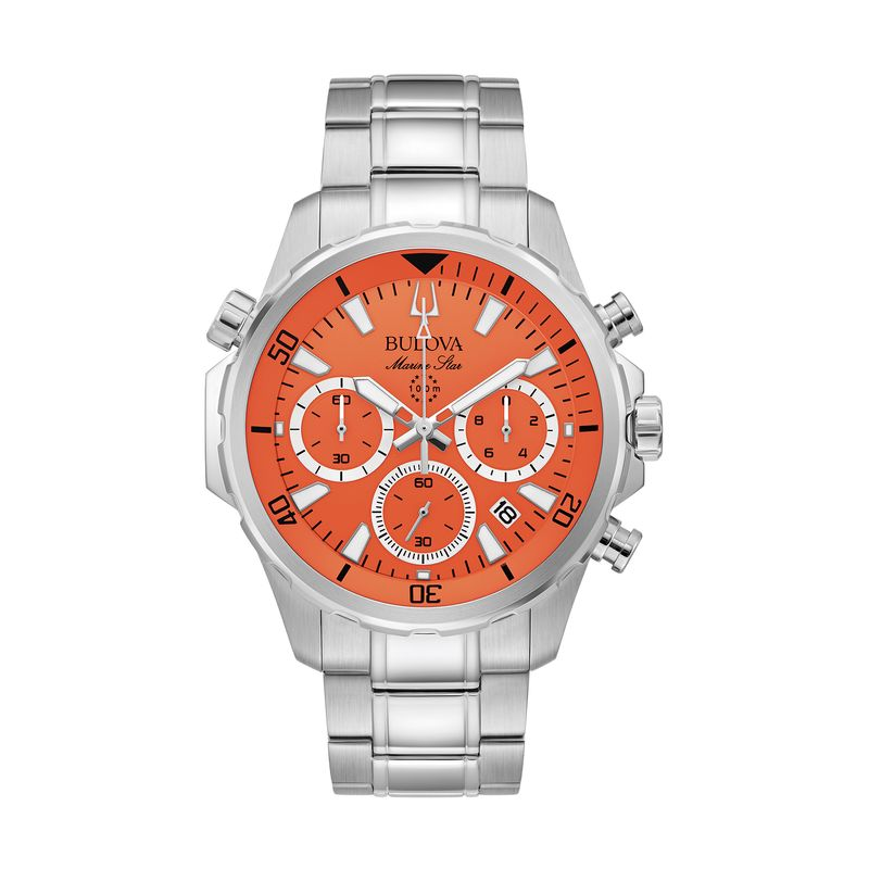 Relógio Bulova Masculino Marine Star Cronógrafo em Aço Prateado e Mostrador Laranja 96B395 Relógio Bulova Masculino Marine Star Cronógrafo em Aço Prateado e Mostrador Laranja 96B395