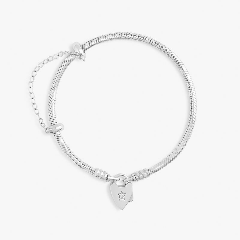 Pulseira Maleável em Prata 925 com Fecho Cadeado Coração Cravejado - 21,5 cm Pulseira Maleável em Prata 925 com Fecho Cadeado Coração Cravejado - 21,5 cm
