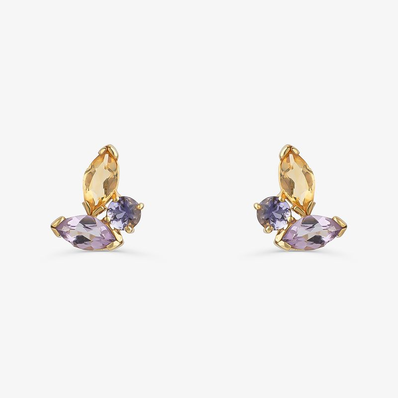 Brinco Stud com Ametista, Citrino e Iolita em Ouro Amarelo 18k Brinco Stud com Ametista, Citrino e Iolita em Ouro Amarelo 18k