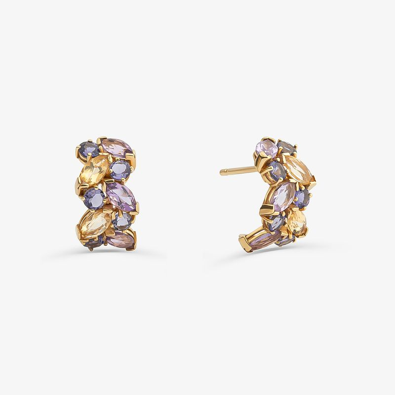 Brinco Argola Dupla com Ametista, Citrino e Iolita em Ouro Amarelo 18k Brinco Argola Dupla com Ametista, Citrino e Iolita em Ouro Amarelo 18k