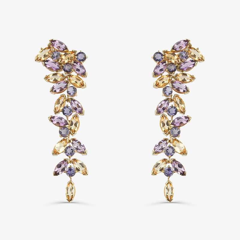 Brinco Cascata com Ametista, Citrino e Iolita em Ouro Amarelo 18k Brinco Cascata com Ametista, Citrino e Iolita em Ouro Amarelo 18k