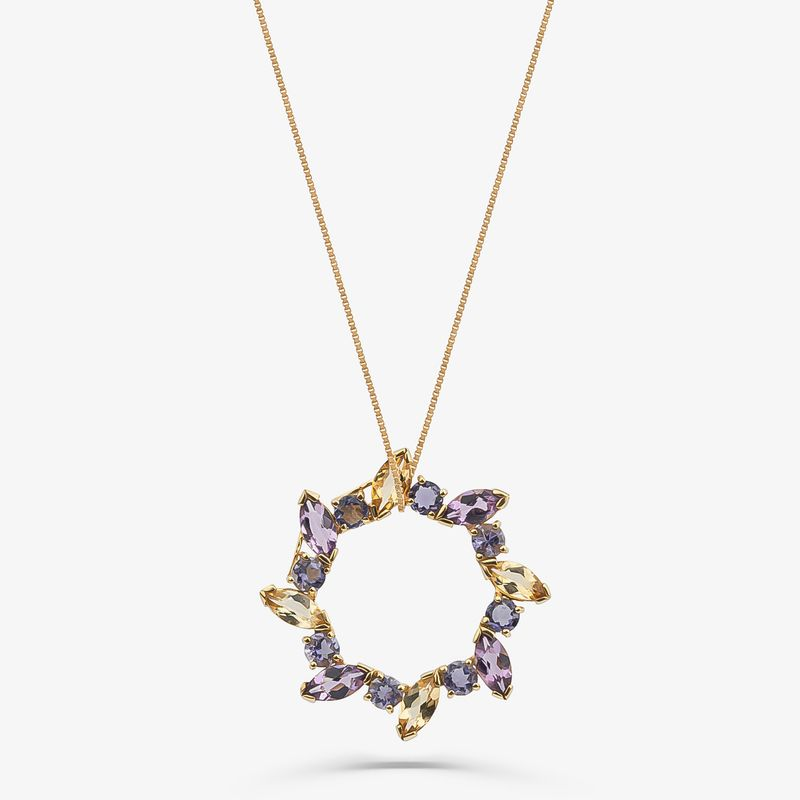 Pingente Mandala com Ametista, Citrino e Iolita em Ouro Amarelo 18k Pingente Mandala com Ametista, Citrino e Iolita em Ouro Amarelo 18k