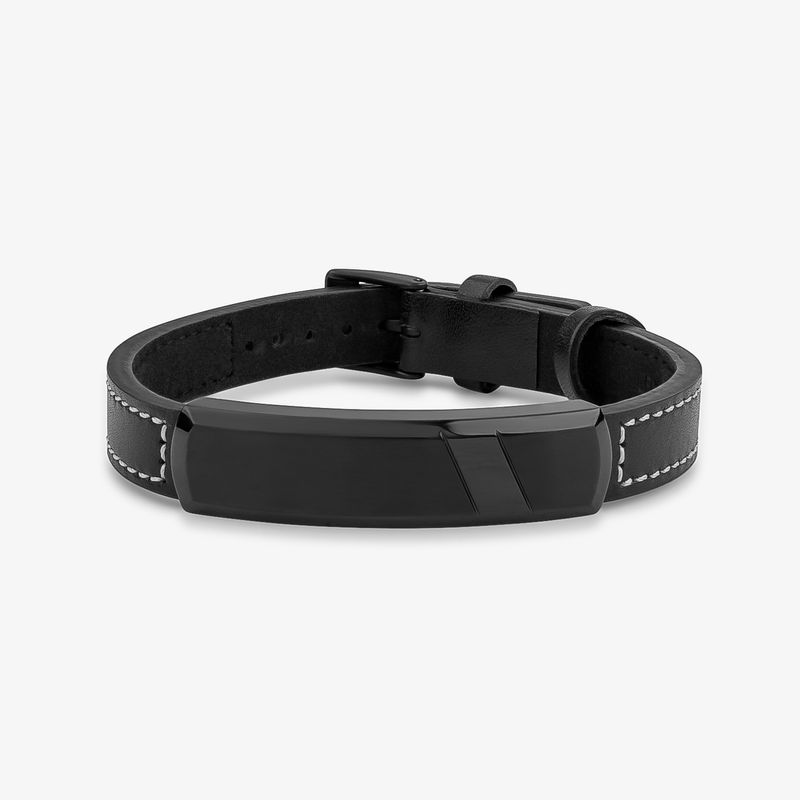 Pulseira Masculina de Couro Preto em Aço Preto Fosco - Ajustável Pulseira Masculina de Couro Preto em Aço Preto Fosco - Ajustável