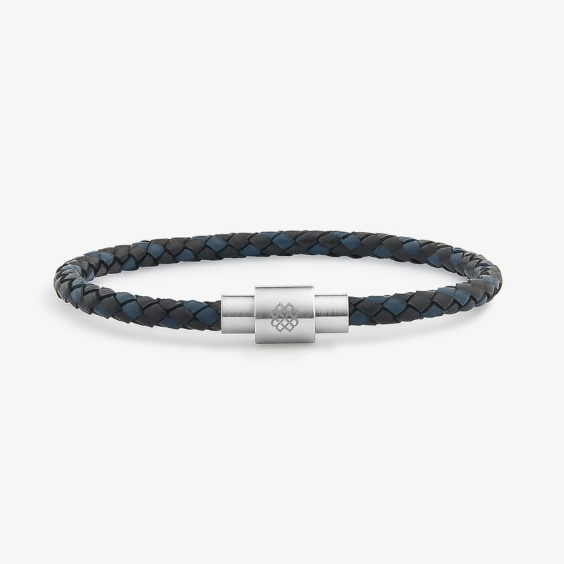 Pulseira Masculina de Couro Preto e Azul em Aço Pulseira Masculina de Couro Preto e Azul em Aço