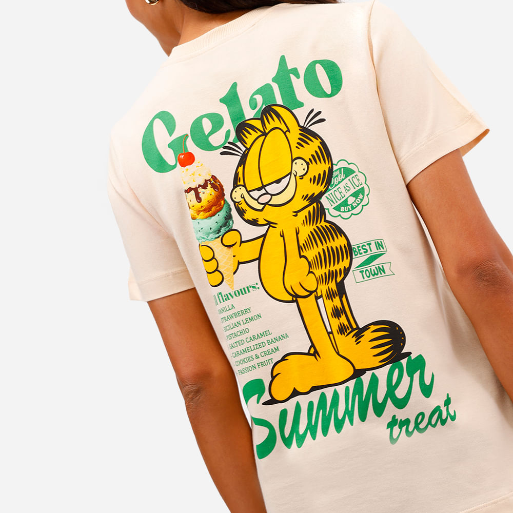 Camiseta feminina de algodão garfield bege Camiseta feminina de algodão garfield bege