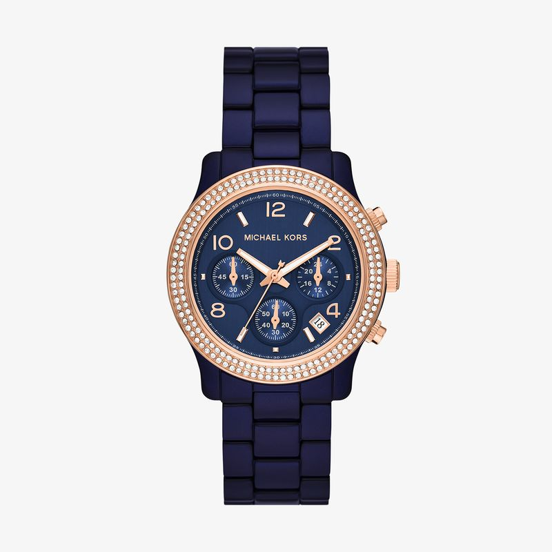 Relógio Michael Kors Runway Cronógrafo Feminino em Acetato Azul e Cristais MK7423 Relógio Michael Kors Runway Cronógrafo Feminino em Acetato Azul e Cristais MK7423
