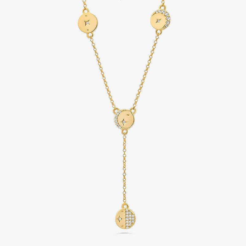 Colar Gravata Fases da Lua Cravejado em Prata 925 com Banho de Ouro Amarelo 18k