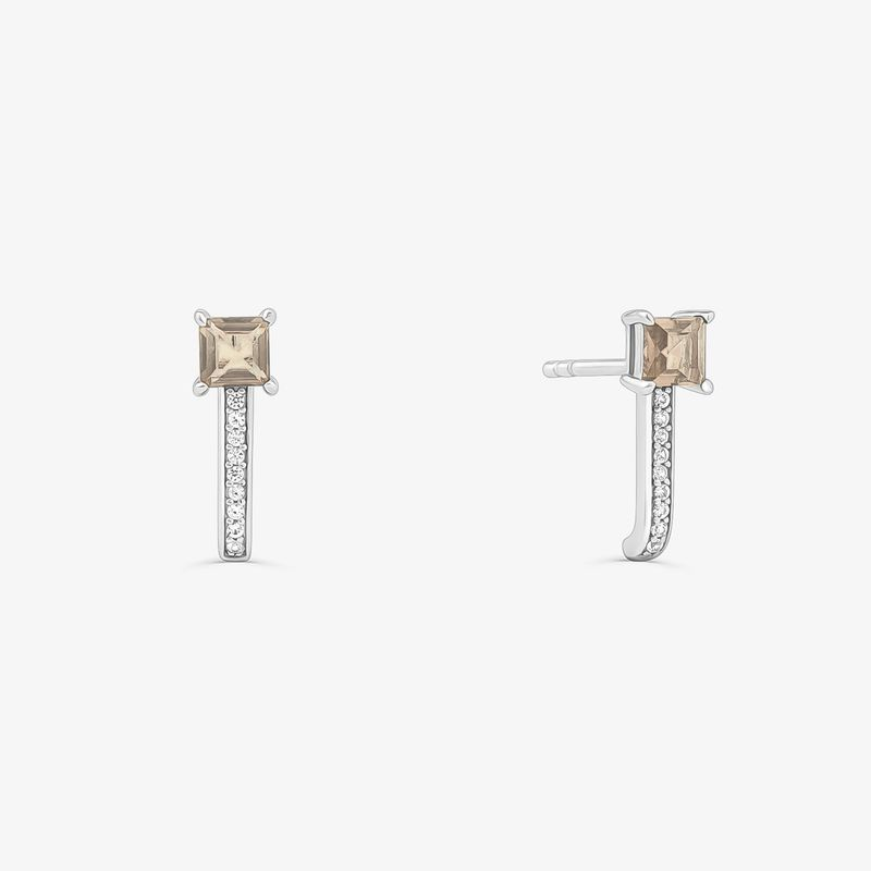 Brinco Meia Argola com Quartzo Fumê e Safira em Prata 925 Brinco Meia Argola com Quartzo Fumê e Safira em Prata 925