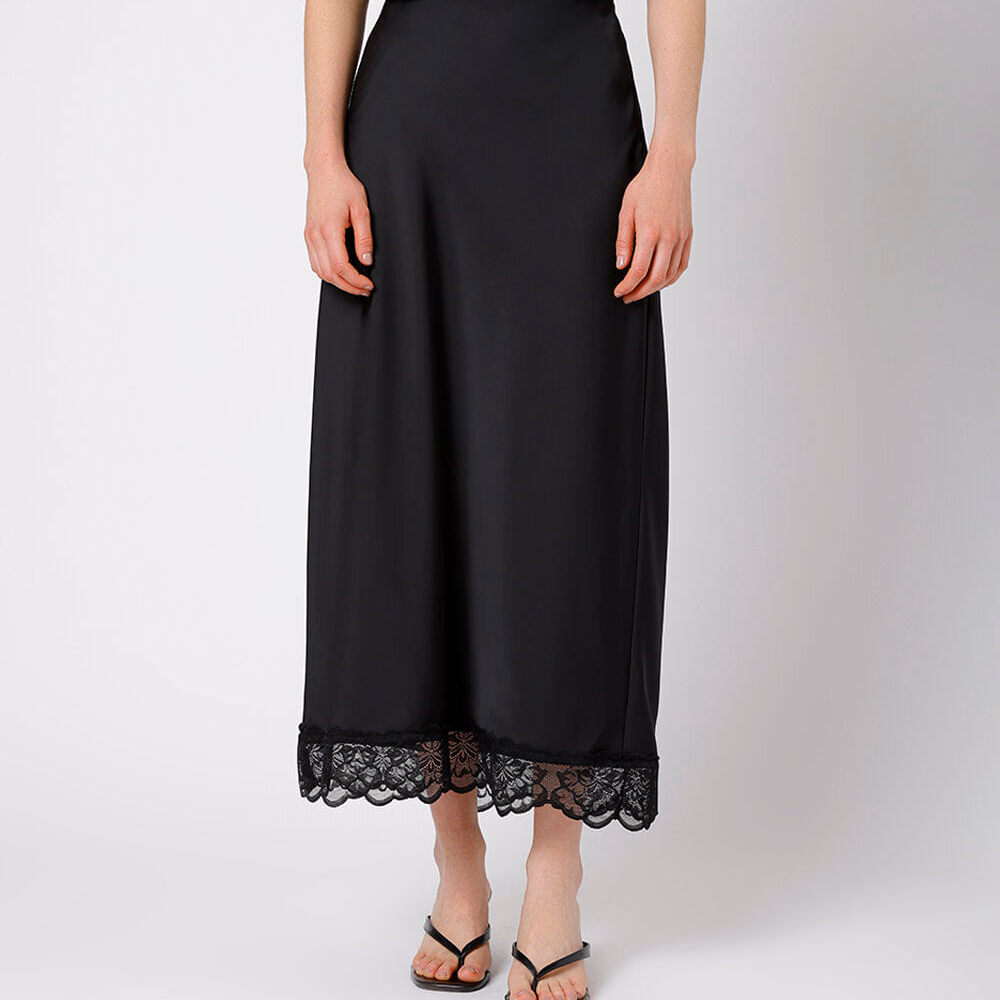 Saia midi feminina acetinada com renda mindset preta Saia midi feminina acetinada com renda mindset preta