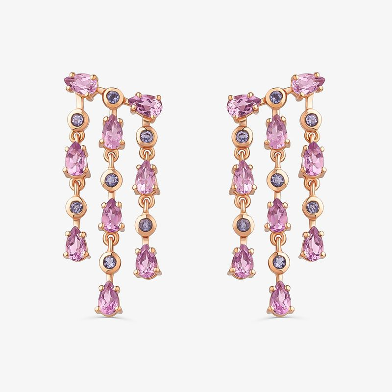 Brinco Chandellier com Ametista Rose de France e Iolita em Prata 925 com Banho de Ouro Rosé 18k Brinco Chandellier com Ametista Rose de France e Iolita em Prata 925 com Banho de Ouro Rosé 18k
