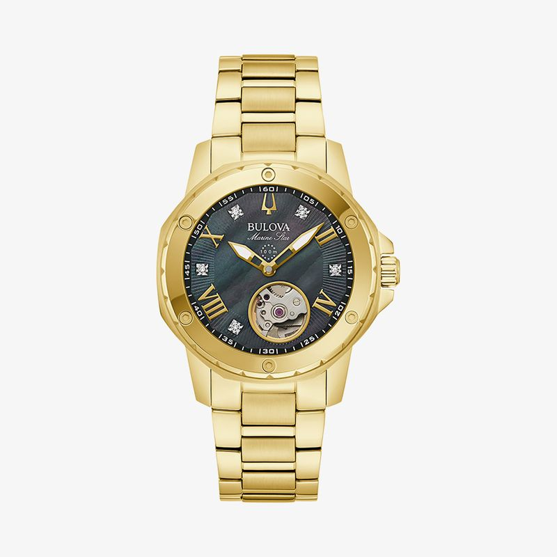 Relógio Bulova Marine Star Automático Feminino em Aço Dourado e Madrepérola com Lente de Safira Relógio Bulova Marine Star Automático Feminino em Aço Dourado e Madrepérola com Lente de Safira