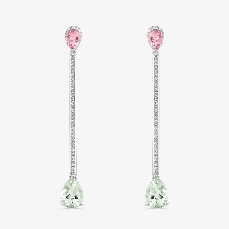 Brinco Longo com Quartzo Rosa, Prasiolita e Safira em Prata 925