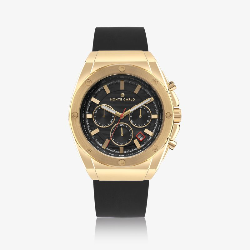 Relógio Monte Carlo Masculino em Aço Dourado com Pulseira de Silicone Preto Relógio Monte Carlo Masculino em Aço Dourado com Pulseira de Silicone Preto