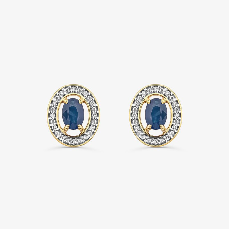 Brinco Stud com Safira Azul e Diamantes em Ouro Amarelo 18k