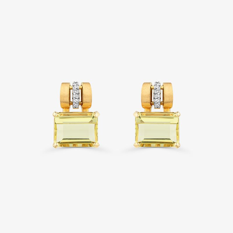 Brinco Stud com Diamante e Quartzo Green Gold em Ouro Amarelo 18k