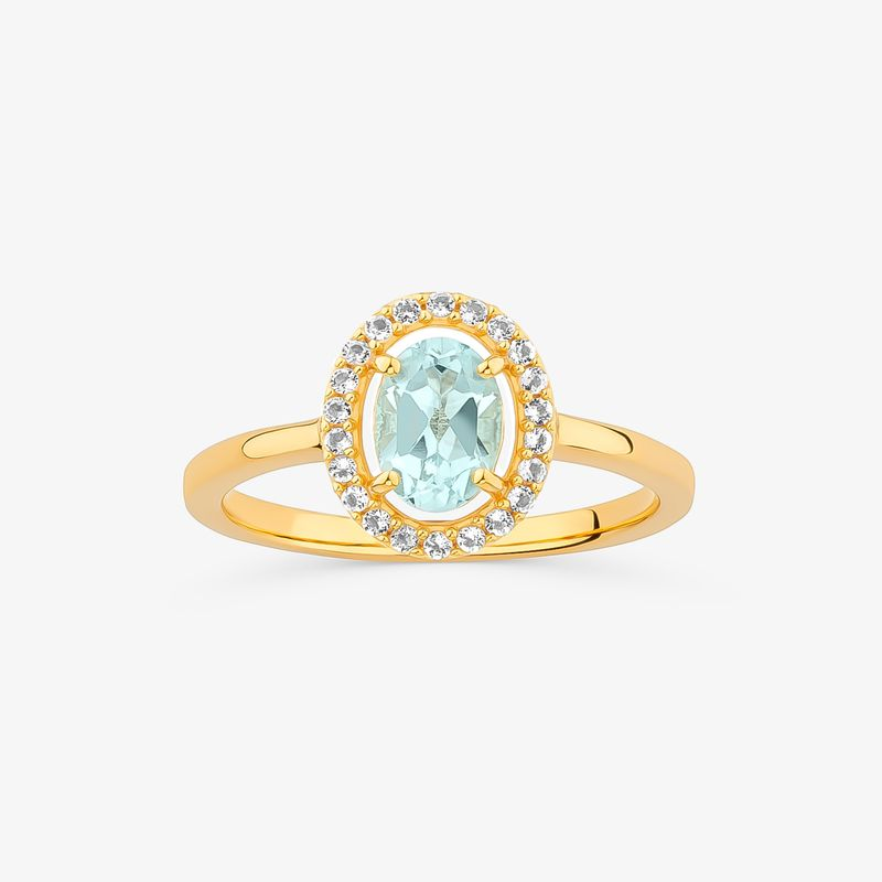 Anel Oval com Topázio Azul e Topázio em Prata 925 com Banho de Ouro Amarelo 18k Anel Oval com Topázio Azul e Topázio em Prata 925 com Banho de Ouro Amarelo 18k