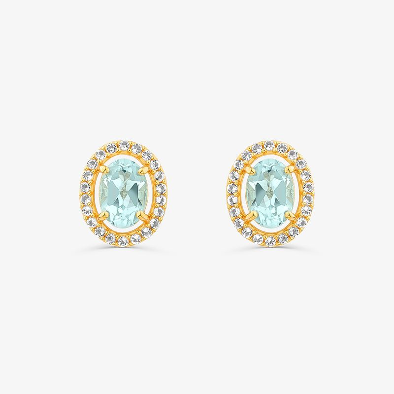 Brinco Oval com Topázio Azul e Topázio em Prata 925 com Banho de Ouro Amarelo 18k Brinco Oval com Topázio Azul e Topázio em Prata 925 com Banho de Ouro Amarelo 18k