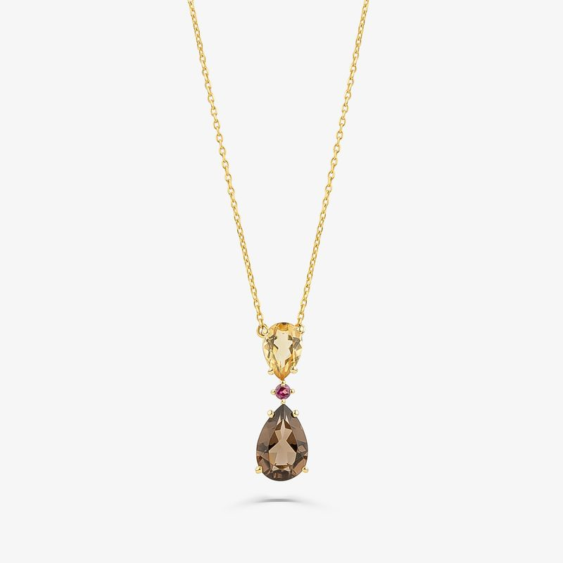 Colar com Citrino, Rodolita e Quartzo Fumê em Prata 925 com Banho de Ouro Amarelo 18k Colar com Citrino, Rodolita e Quartzo Fumê em Prata 925 com Banho de Ouro Amarelo 18k