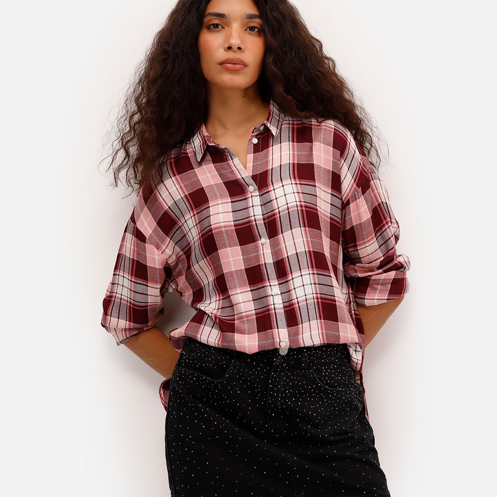 Camisa feminina de viscose xadrez colorida Camisa feminina de viscose xadrez colorida