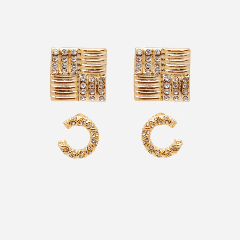 Kit de 2 brincos banhado a ouro geométricos com brilho dourado
