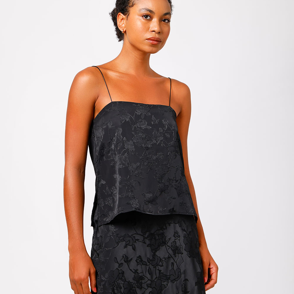 Blusa alça fina feminina de jacquard com fendas floral mindset preta